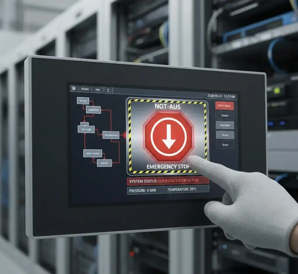 Mag een noodstop op een HMI geprogrammeerd worden?