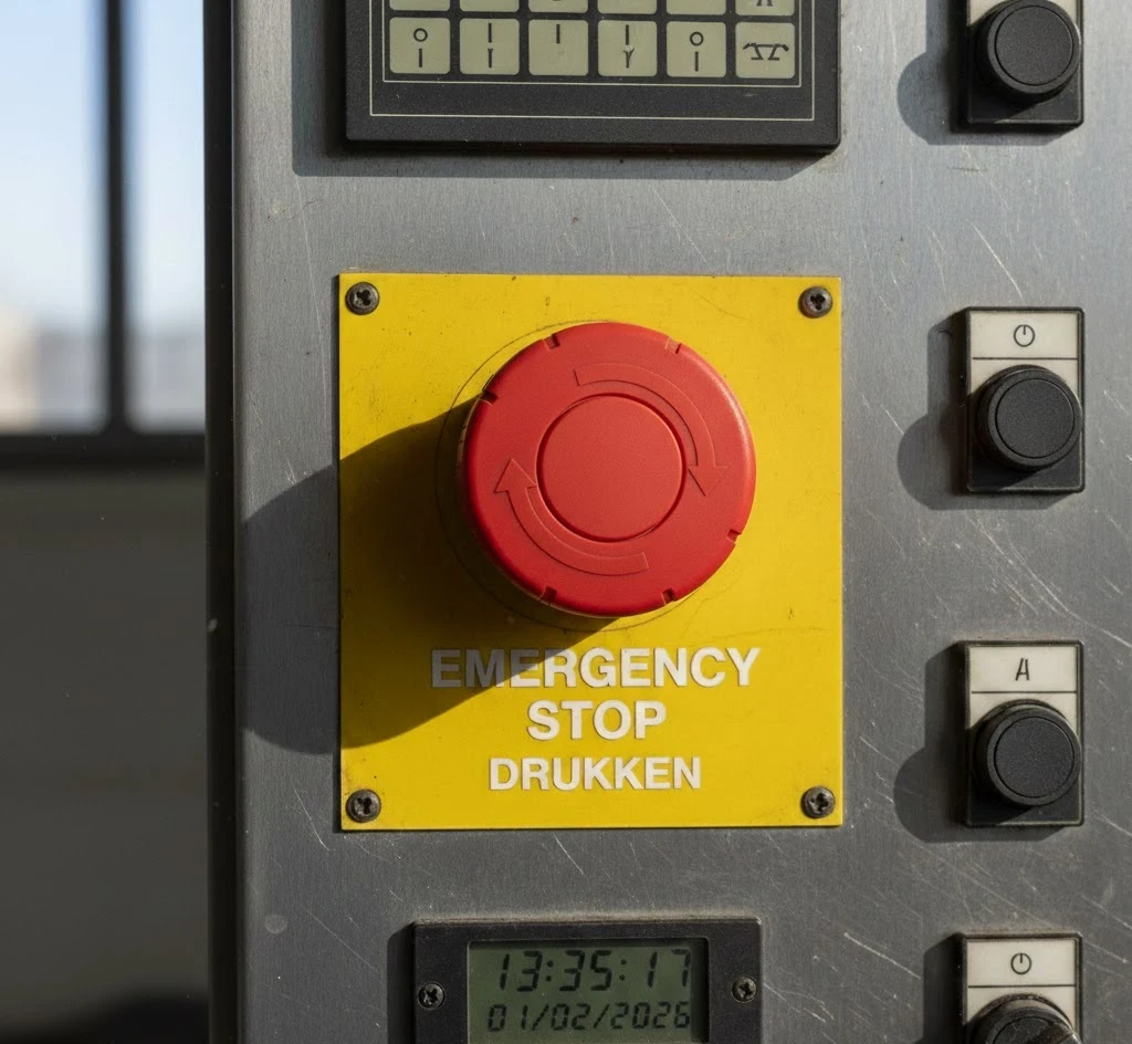 Moet de noodstop altijd een rode knop op een gele achtergrond hebben?