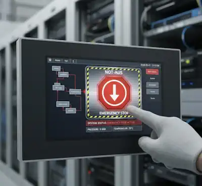 Mag een noodstop op een HMI geprogrammeerd worden?